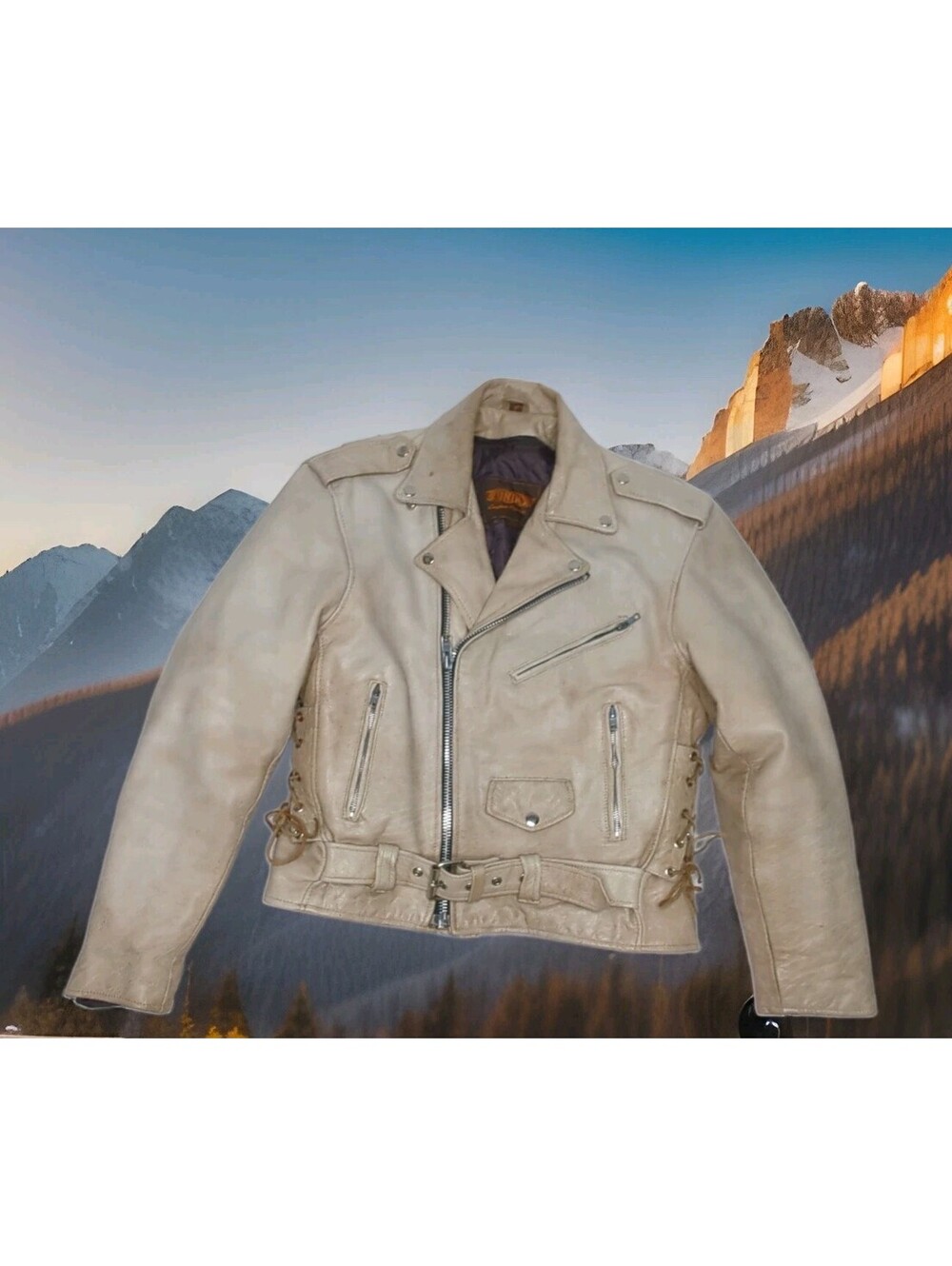 UNIK PREMIUM Tan Beige Leather Motorcycle Biker Jacket 38 Men Small Women Medium